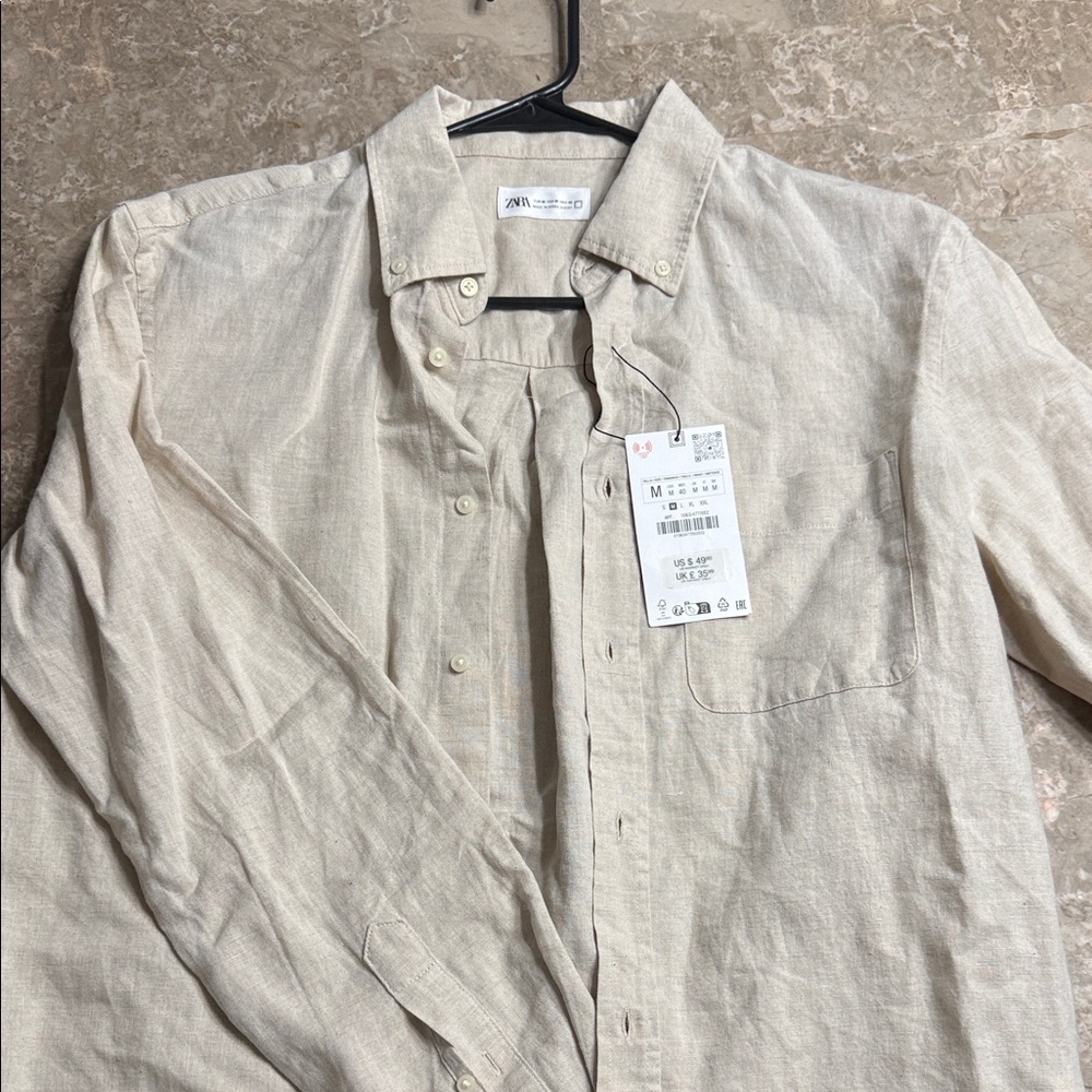 Zara Natural Beige Linen Button-Down Shirt